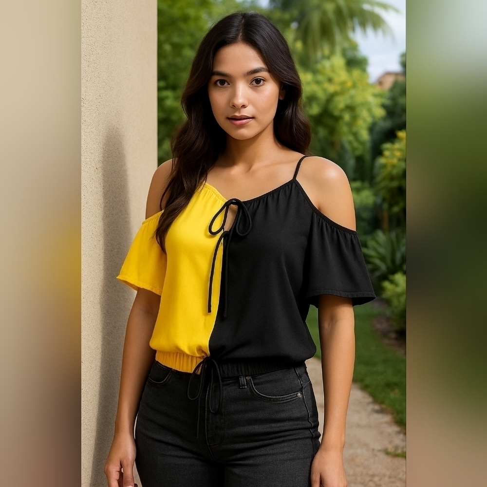 Black & Yellow Cold-Shoulder Cami Blouse - Size 18 - Color Block Top